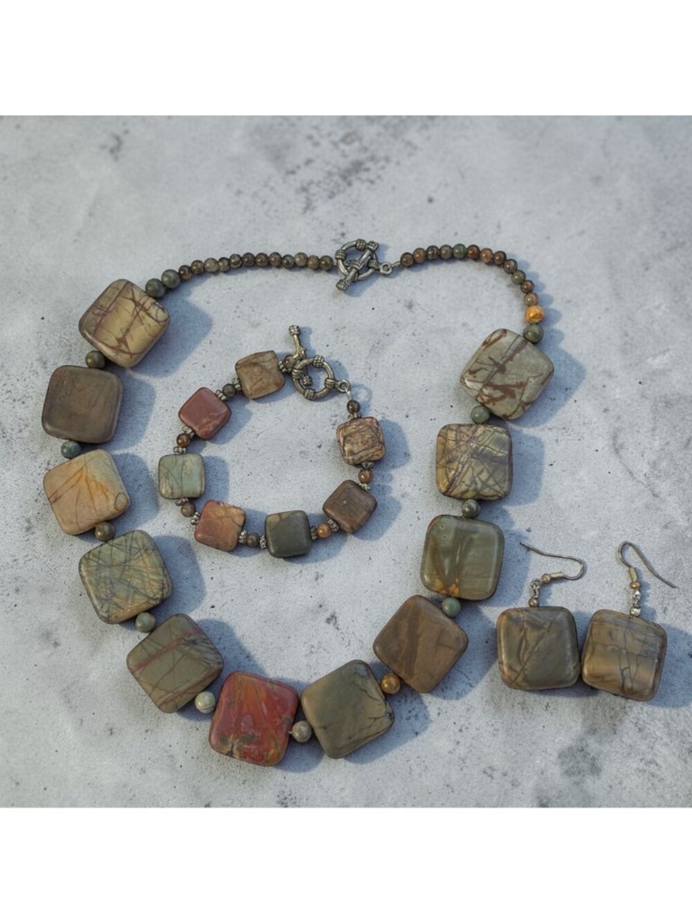 Vintage Jasper Stone Necklace Earthy Square Beads With Toggle Clasp Handmade - Picture 7 of 7